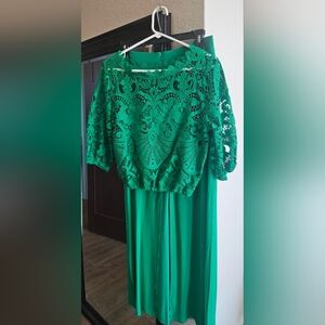 Frank Lyman Design Green Lace Overlay Top With Sheer Overlay Wide Leg Trousers